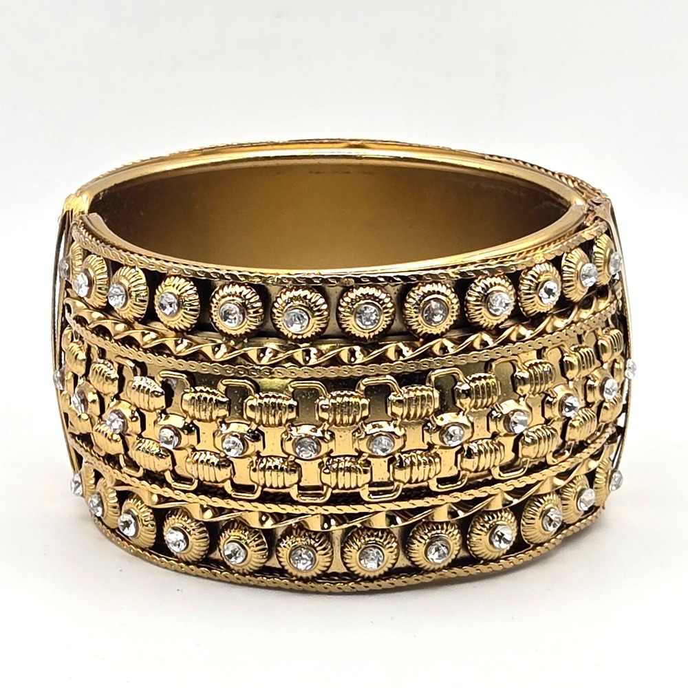 Gold Tone Rhinestone Ornate Hinged Cuff Bracelet Wide Boho Statement Bangle